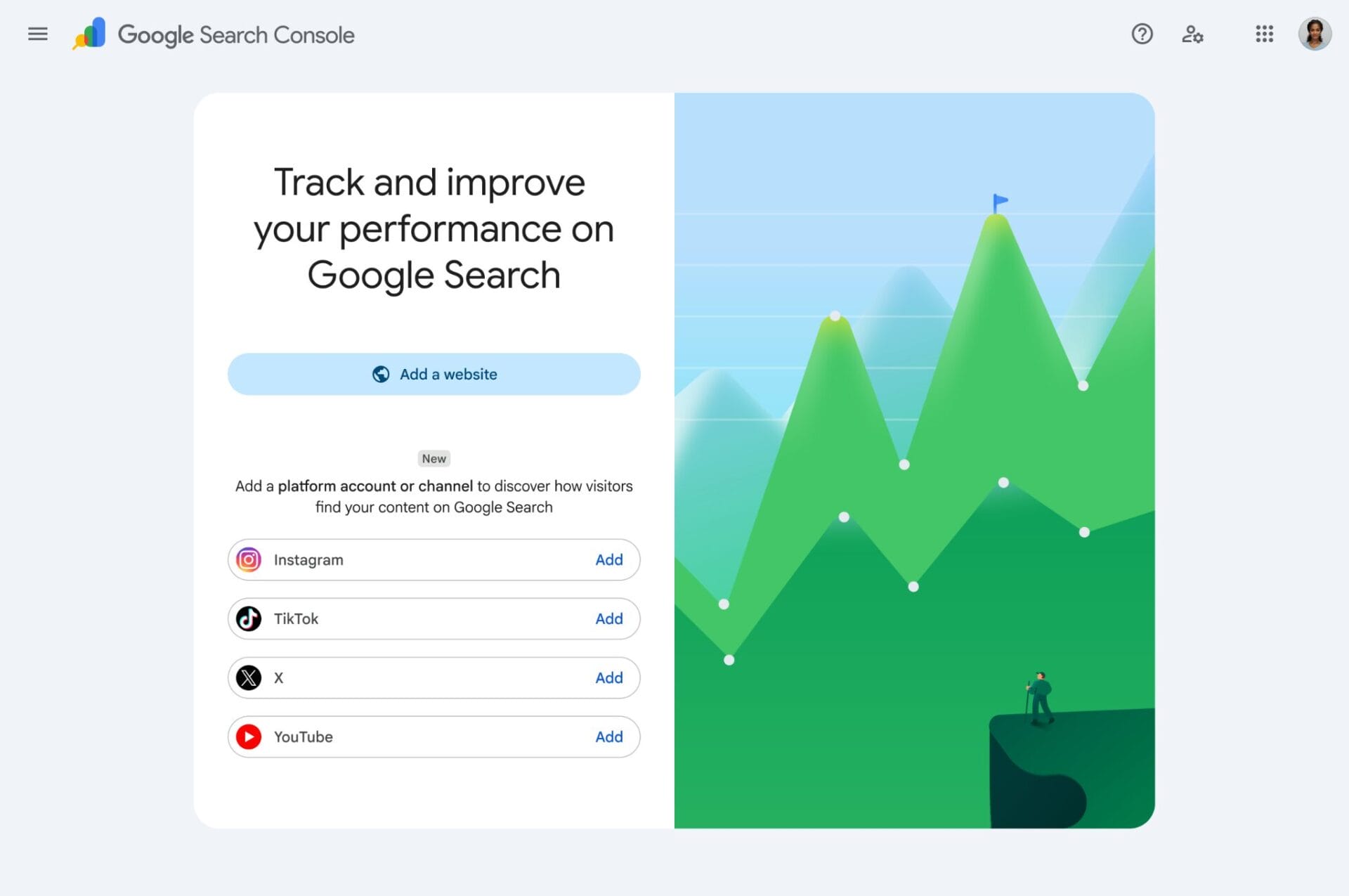 Google Search Console screen for adding Instagram, TikTok, X, and YouTube accounts to track performance