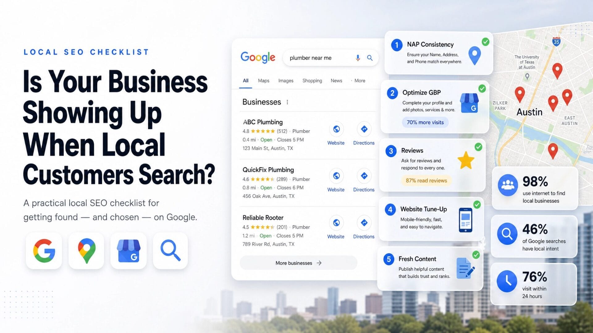 Local SEO checklist covering NAP consistency, Google Business Profile optimization, reviews, website tune-up, and fresh content