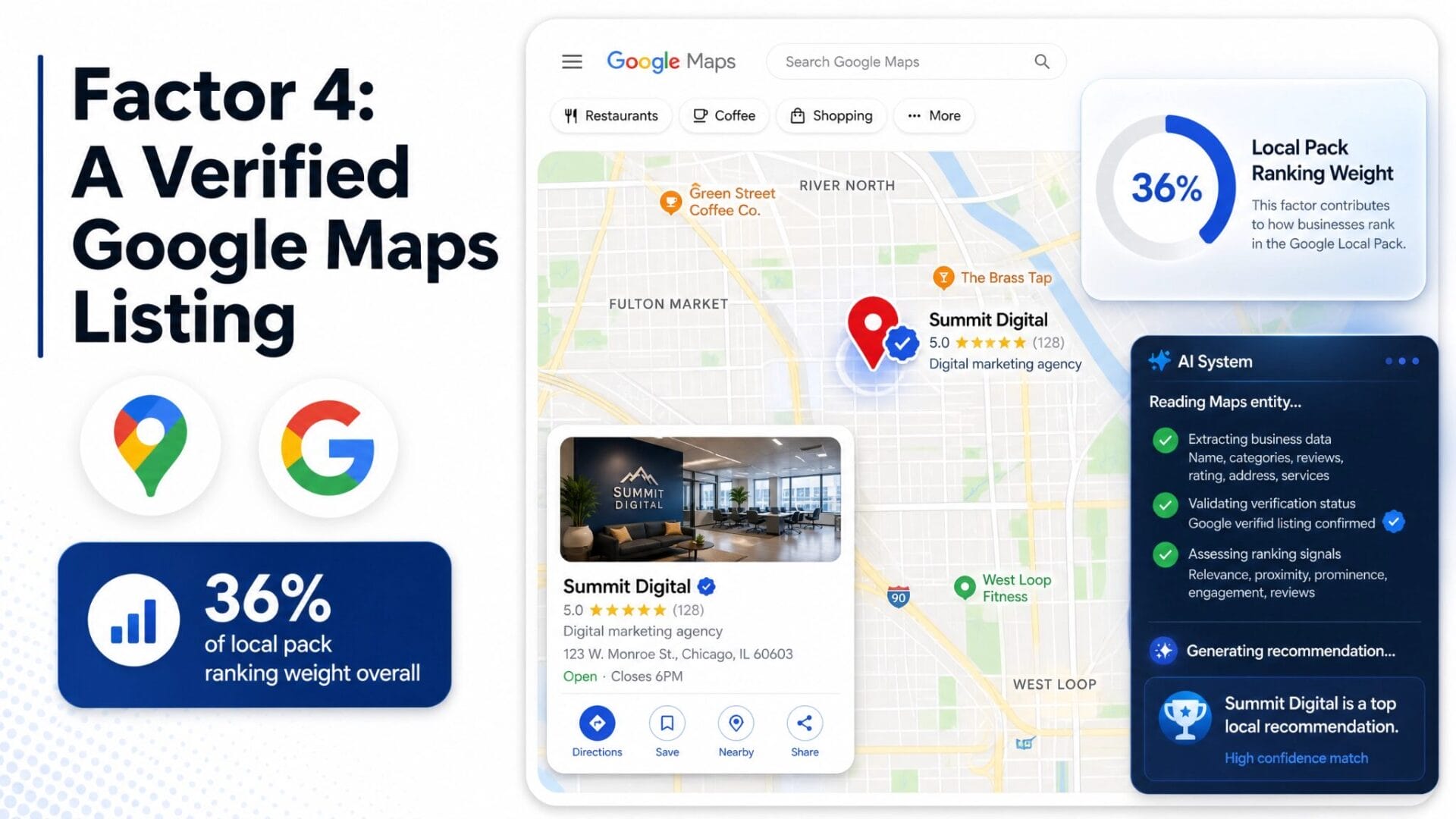 Verified Google Maps listing contributing 36 percent of local pack ranking weight