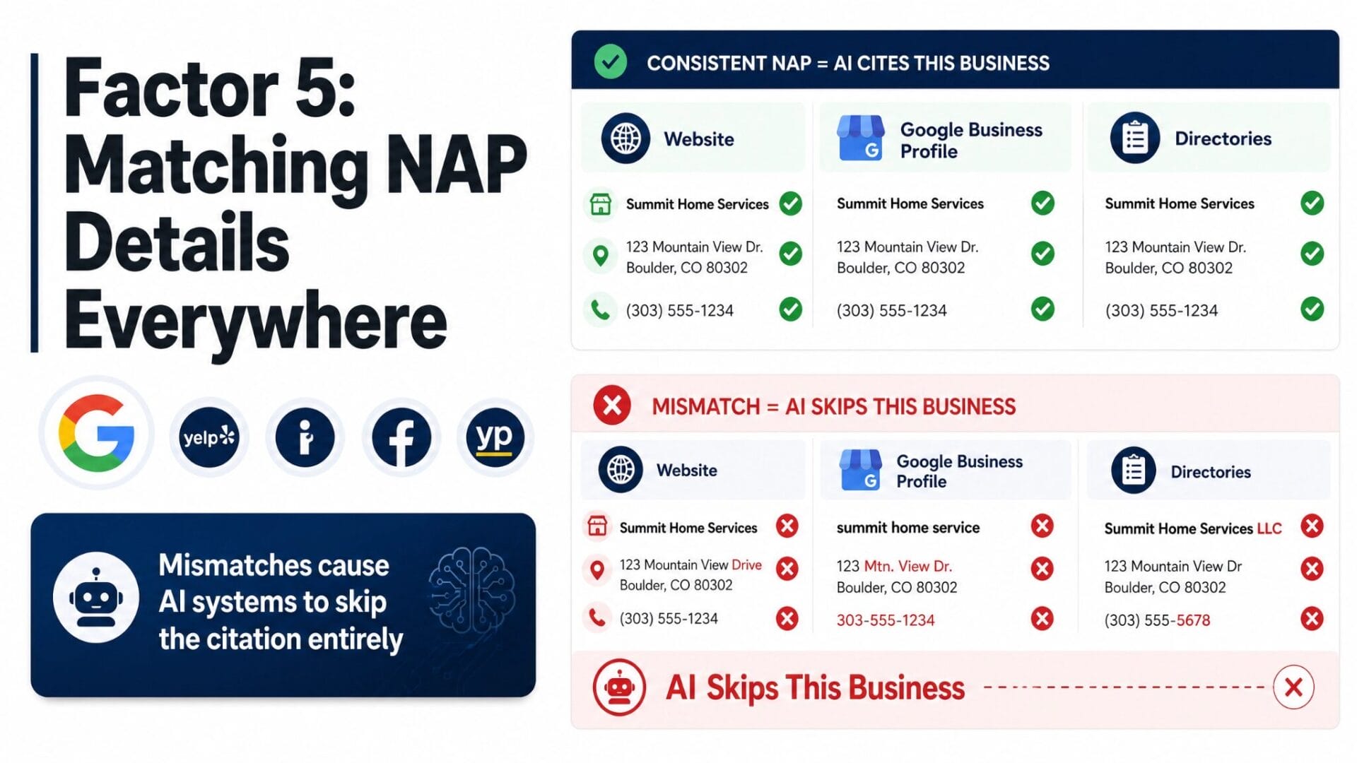 Consistent NAP details across website, Google Business Profile, and directories leading to AI citation; mismatches causing AI to skip the business